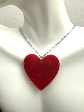 Large Bold Candy Apple Red Acrylic Lucite Heart Pendant Necklace Steel Chain